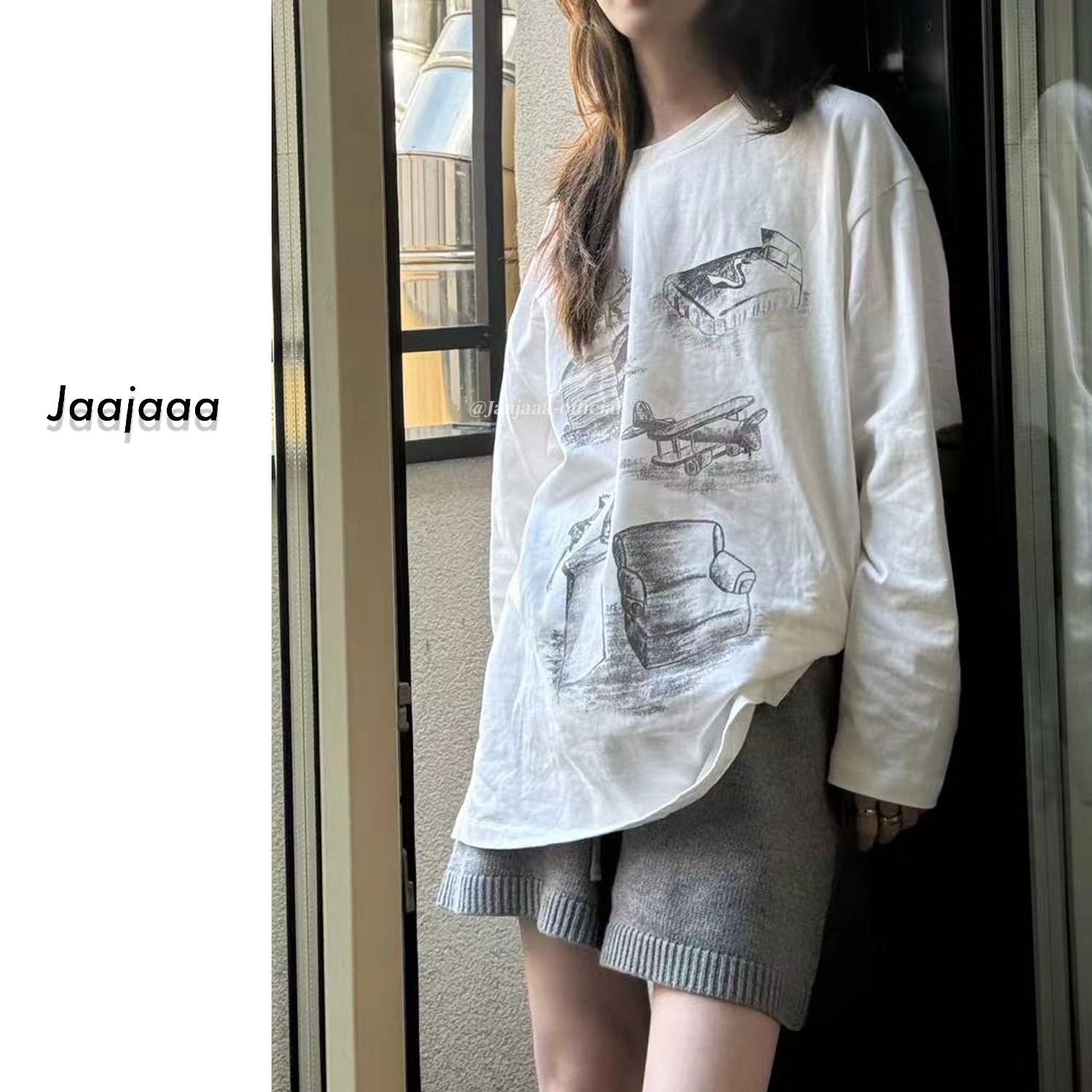 Jaajaaa松露晨雾   设计感百搭小鹿印花长袖T恤/36868