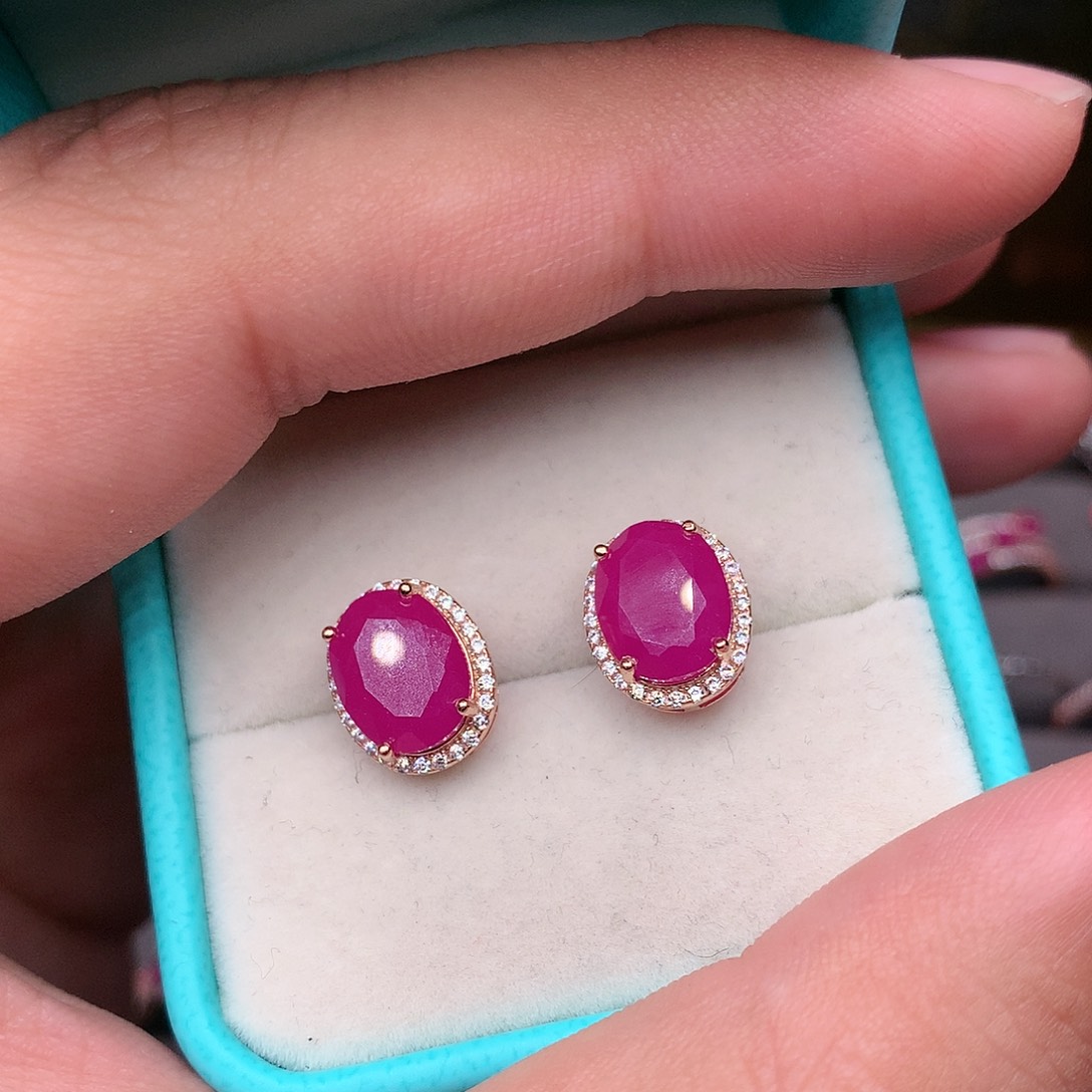 红宝石耳饰银S925镶嵌