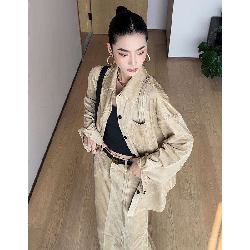 【平行】压褶错位设计显瘦摩登时尚休闲衬衫+摩登时尚休闲半裙套装