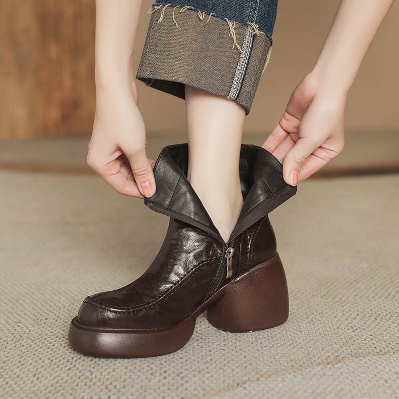 羊皮8cm圆头 25新款短靴女百搭真皮粗跟厚底增高跟小个子中跟6792