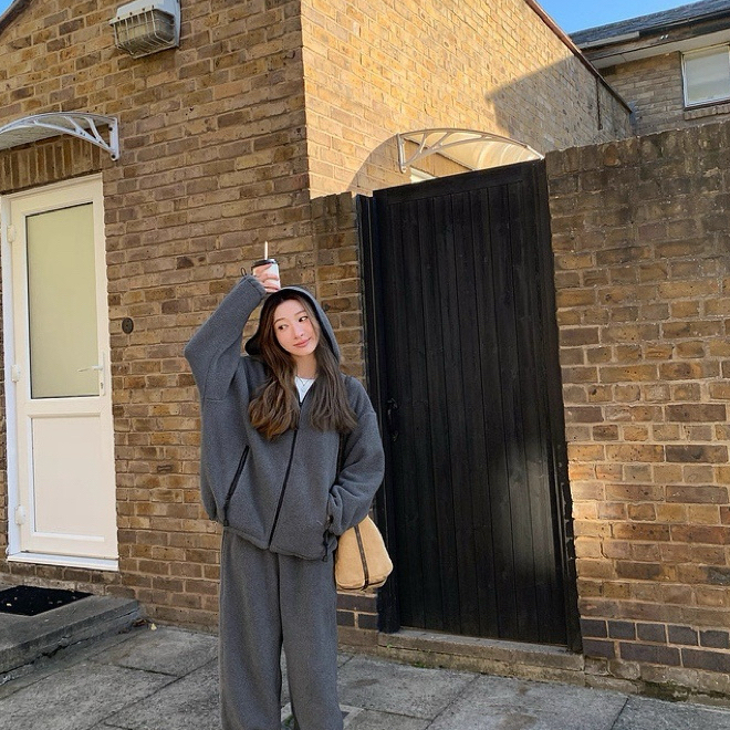 姝琦精选暖绒套装摇粒绒立领拉链卫衣外套+高腰休闲裤套装