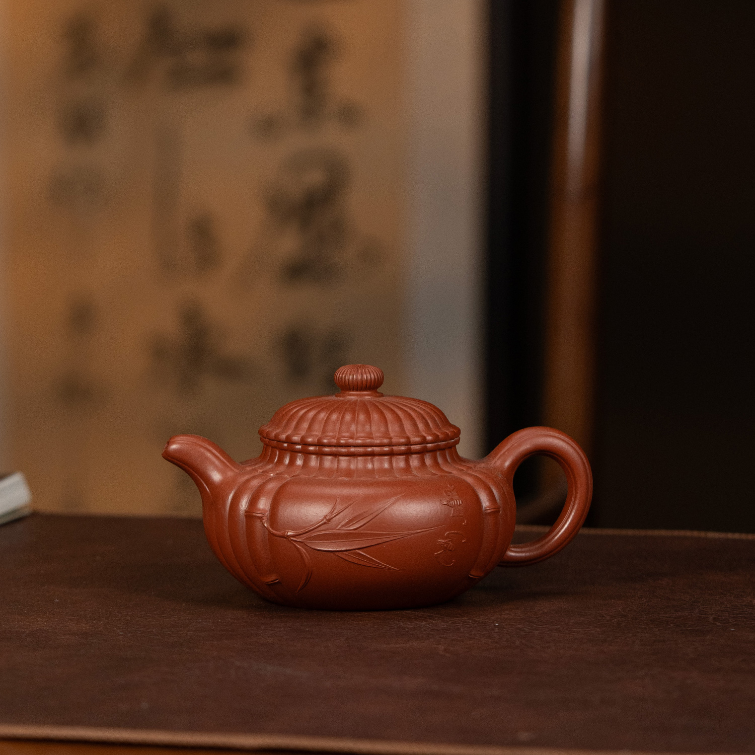 【利贞l福竹筋纹仿古】原矿朱泥约310cc全手工制紫砂壶茶具QH