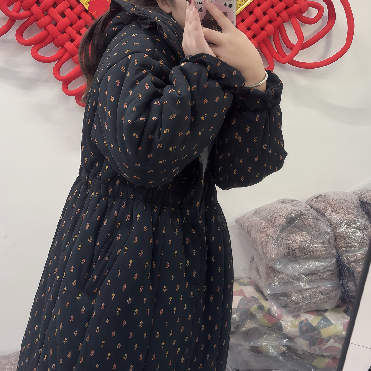 【LZW】新疆棉【七彩花收腰115长】冬季新疆棉花衣