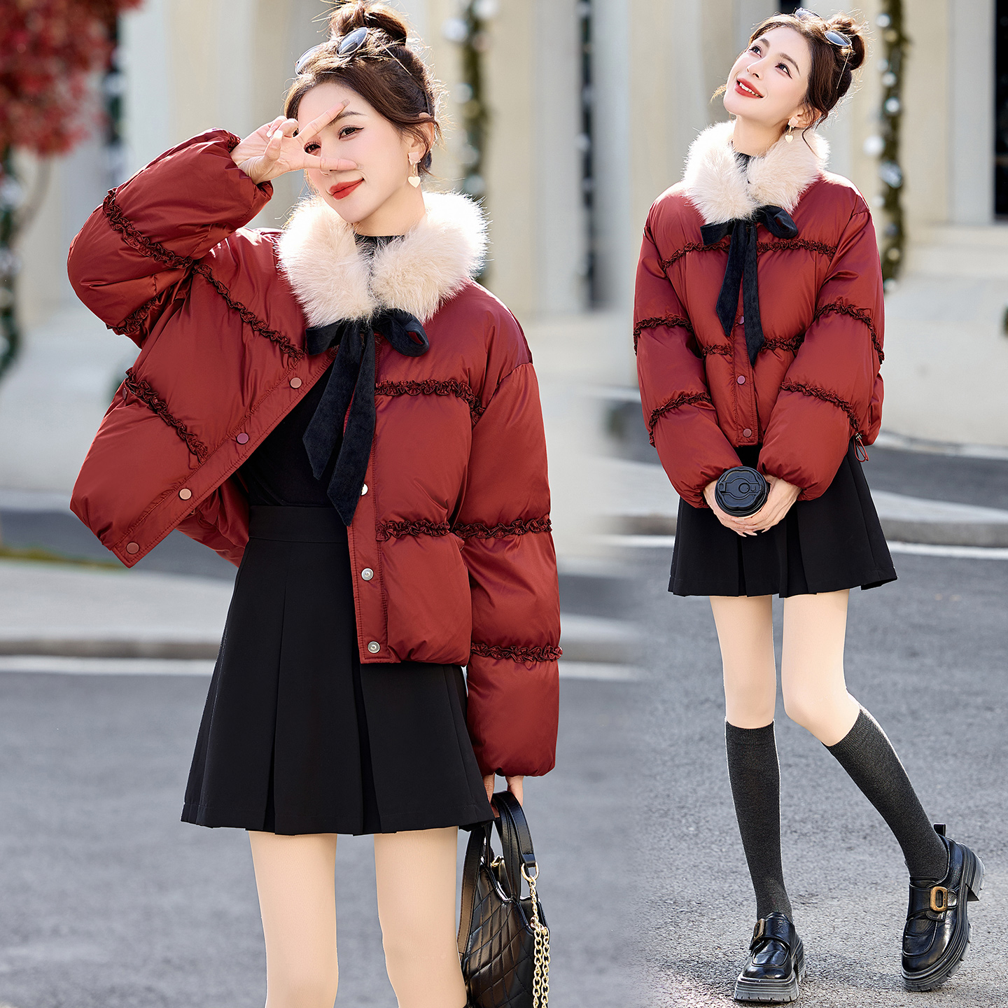 狐狸毛领花边拼接羽绒服女2025冬季新款小个子洋气时髦白鸭绒外套