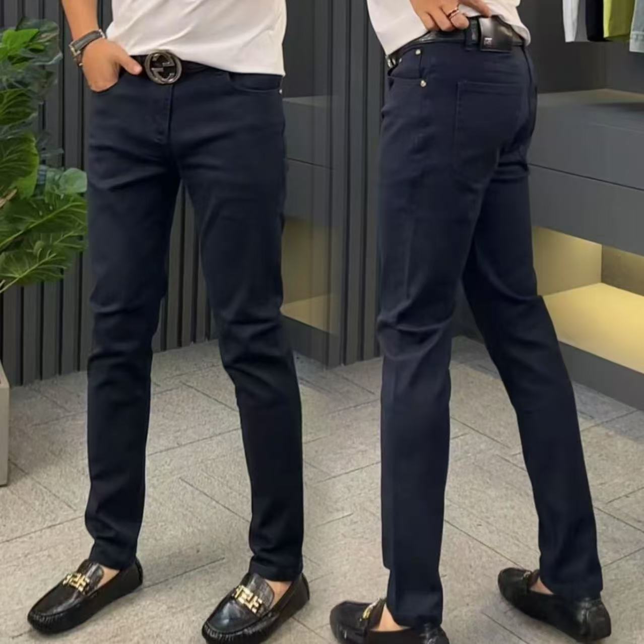 蒂昆欧品男装男款秋冬新款宝蓝男士牛仔裤弹力修身小直筒高档百搭