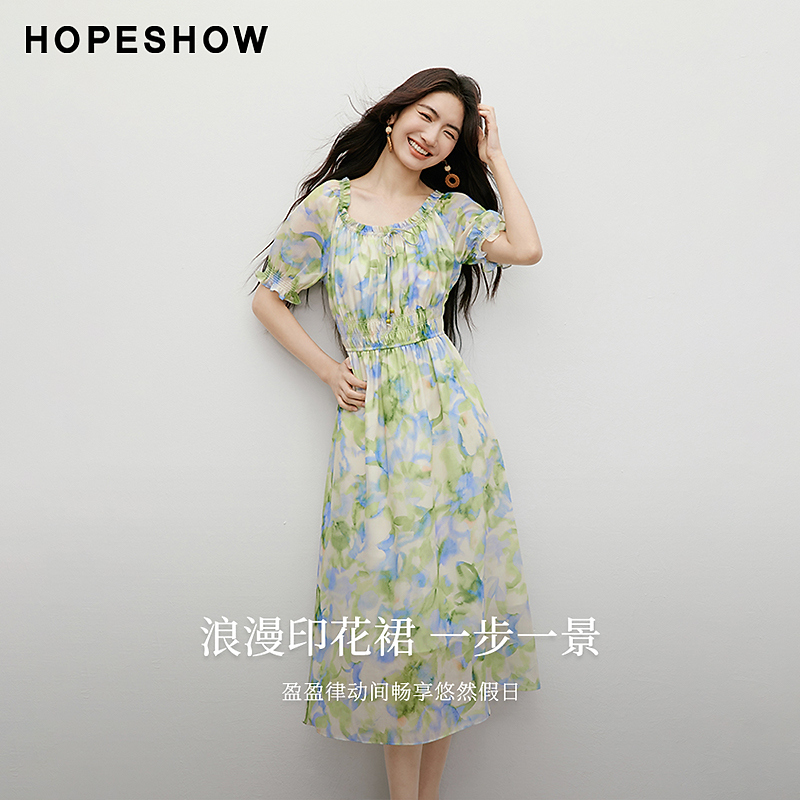 红袖2025夏季新款女装 印花两穿领系带泡泡袖连衣裙90125191606