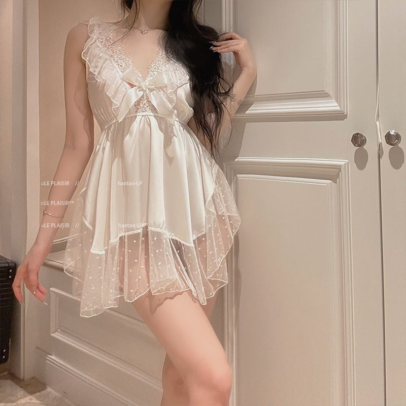 【少女】性感吊带睡裙网纱蕾丝设计显瘦收腰露背夏季家居服