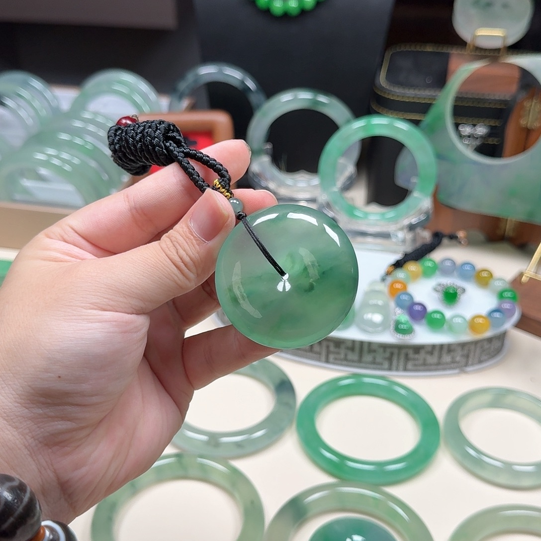 分***享玻璃非金属完美飘绿花平安扣47.3X11.8