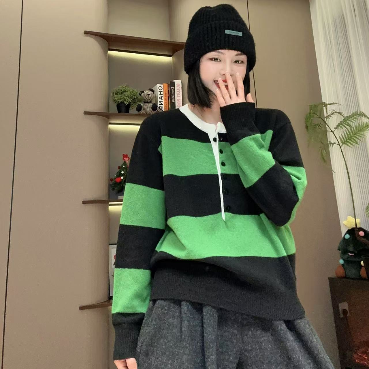 冬季发财绿条纹羊毛毛衣针织衫4-12-19