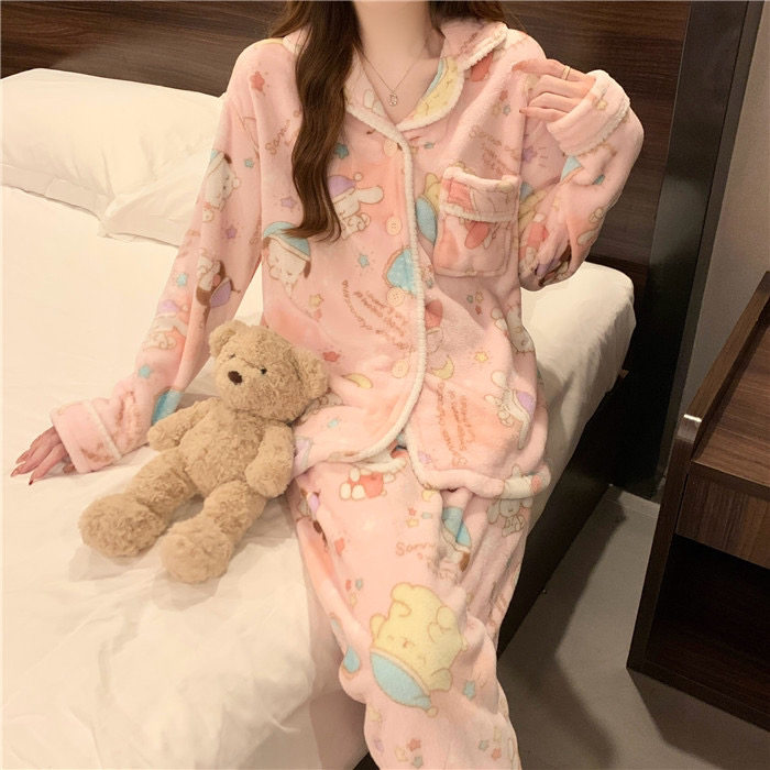 法兰绒睡衣女款冬季加绒加厚2024新款珊瑚绒女士秋冬款卡通家居服