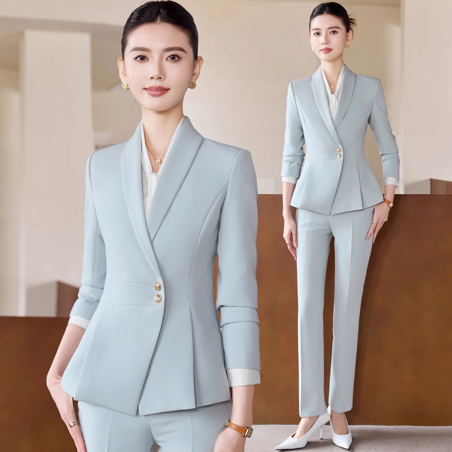绿色职业西装套装女2025秋季新款高级感酒店经理工作服美容院工装