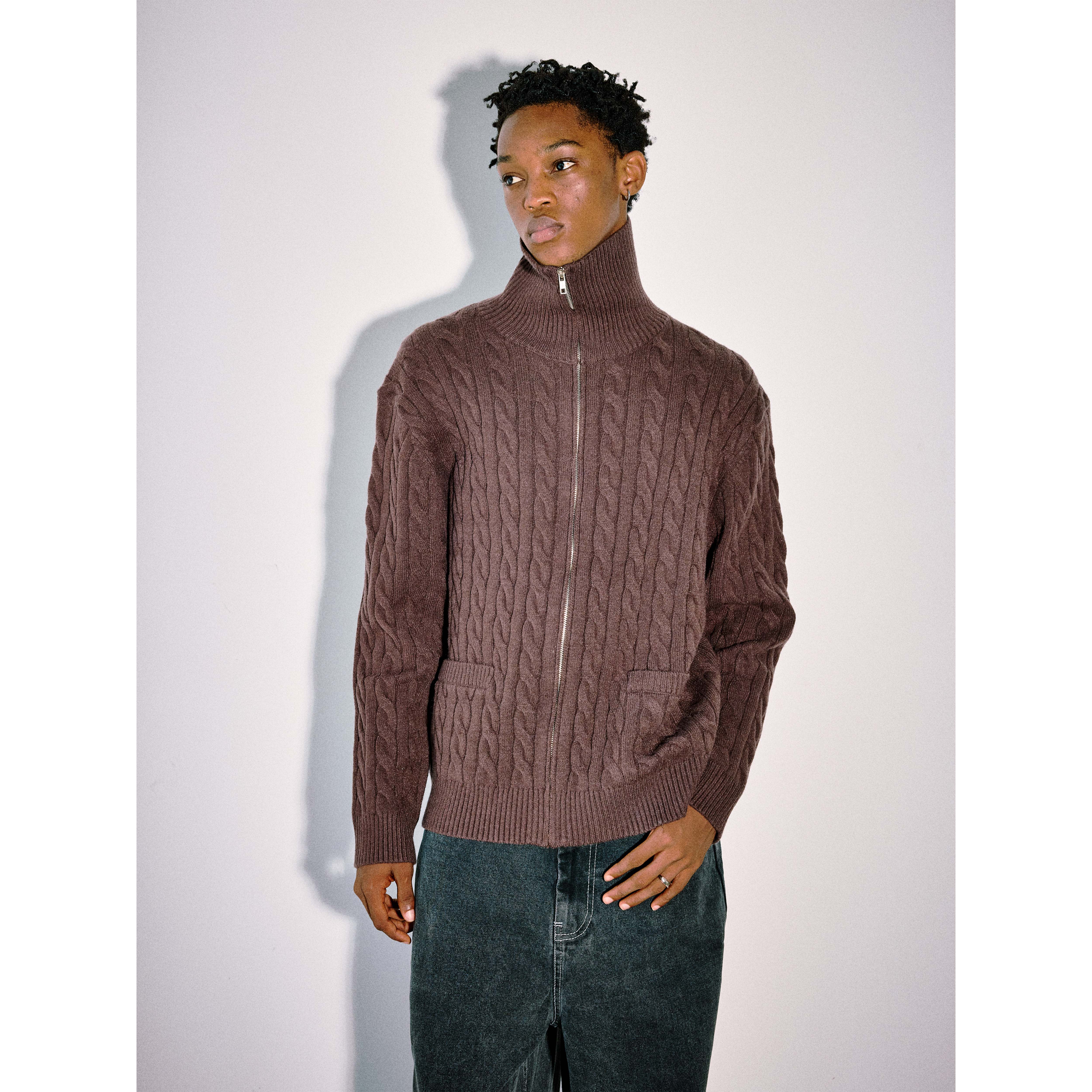 Anniehall25fw 麻花编织高密复古老钱风美式高领翻领拉链毛衣