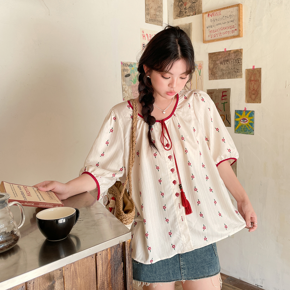 【现现专场】胖mm薄款半袖百搭衬衫女夏季新款碎花宽松甜美娃娃衫