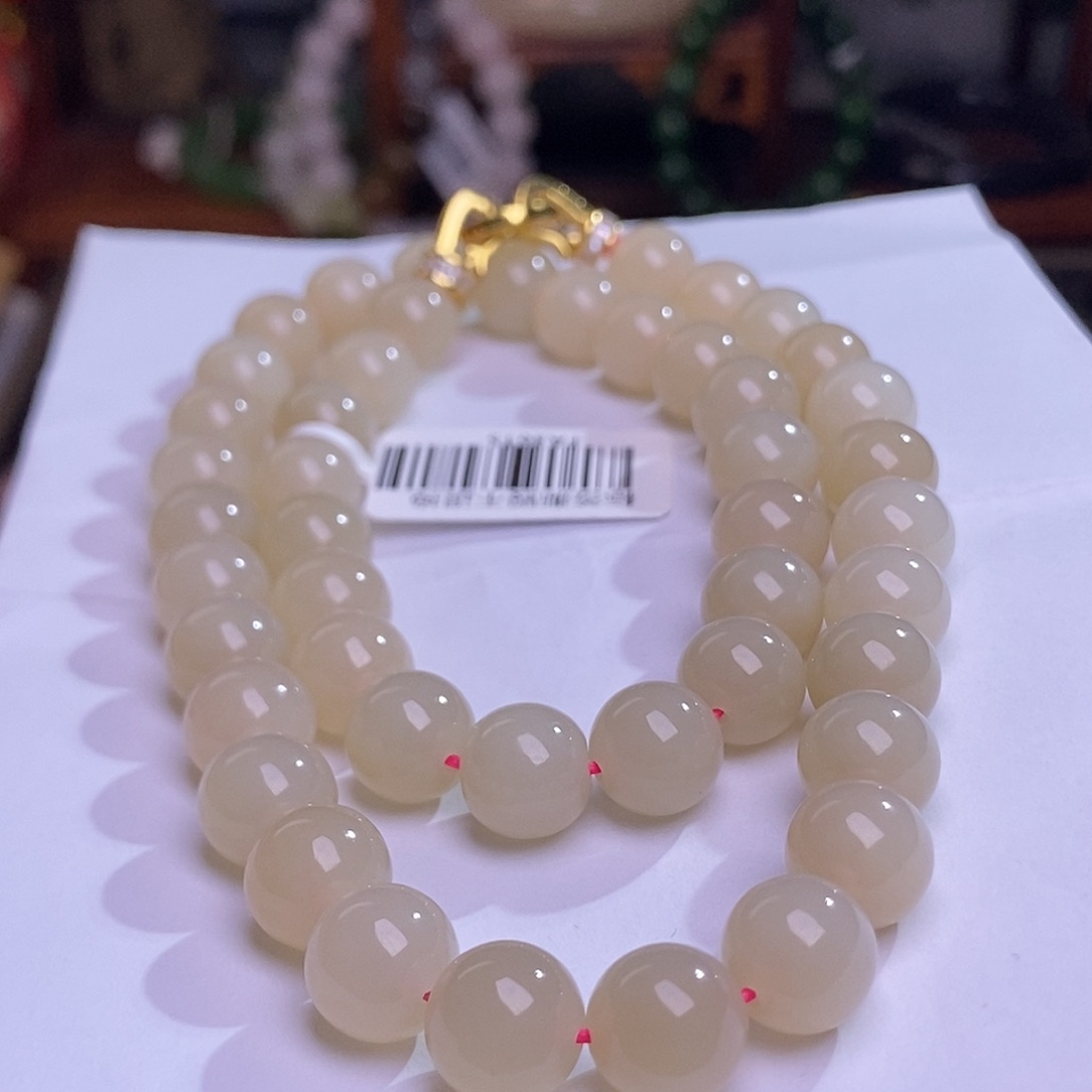 和田玉熟藕粉银镶妈妈链10MM未镶嵌