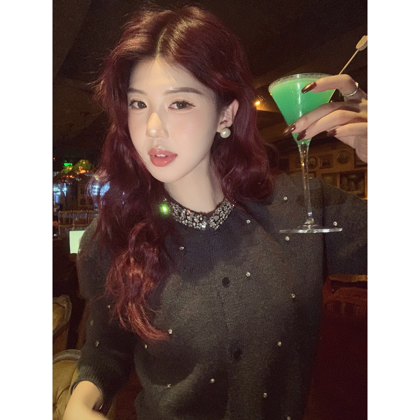 甜辣多多【塞纳千金】灰色绵羊毛钉珠针织开衫2025小香风miu系毛衣