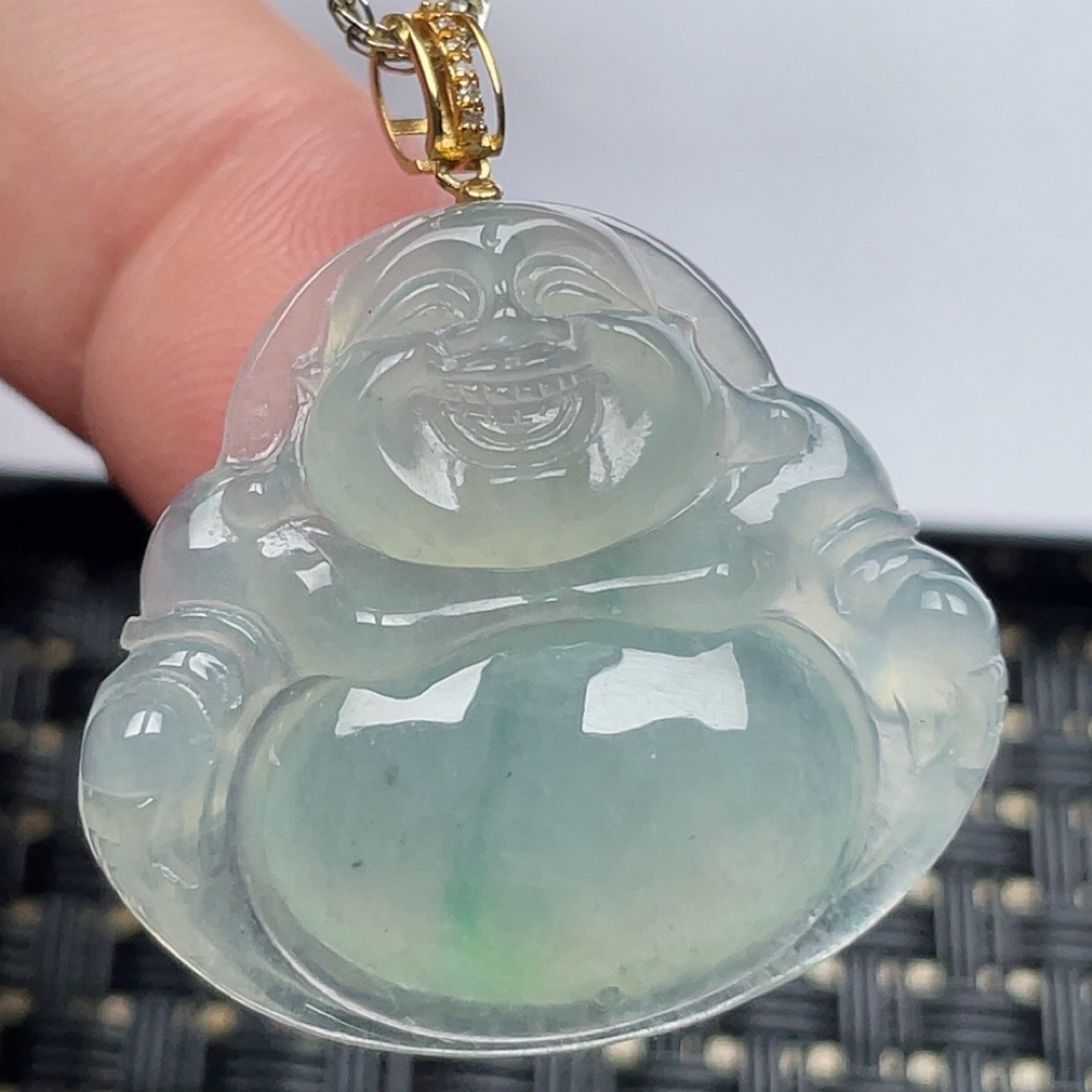 缅甸天然翡翠A货冰飘阳绿花佛公吊坠尺寸27.7-29.7-5.8