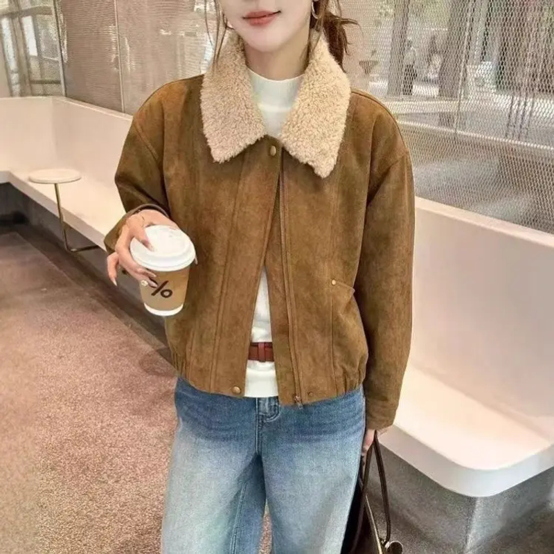 设计感翻领气质夹棉外套女欧洲站2025秋冬时尚宽松休闲加厚棉服