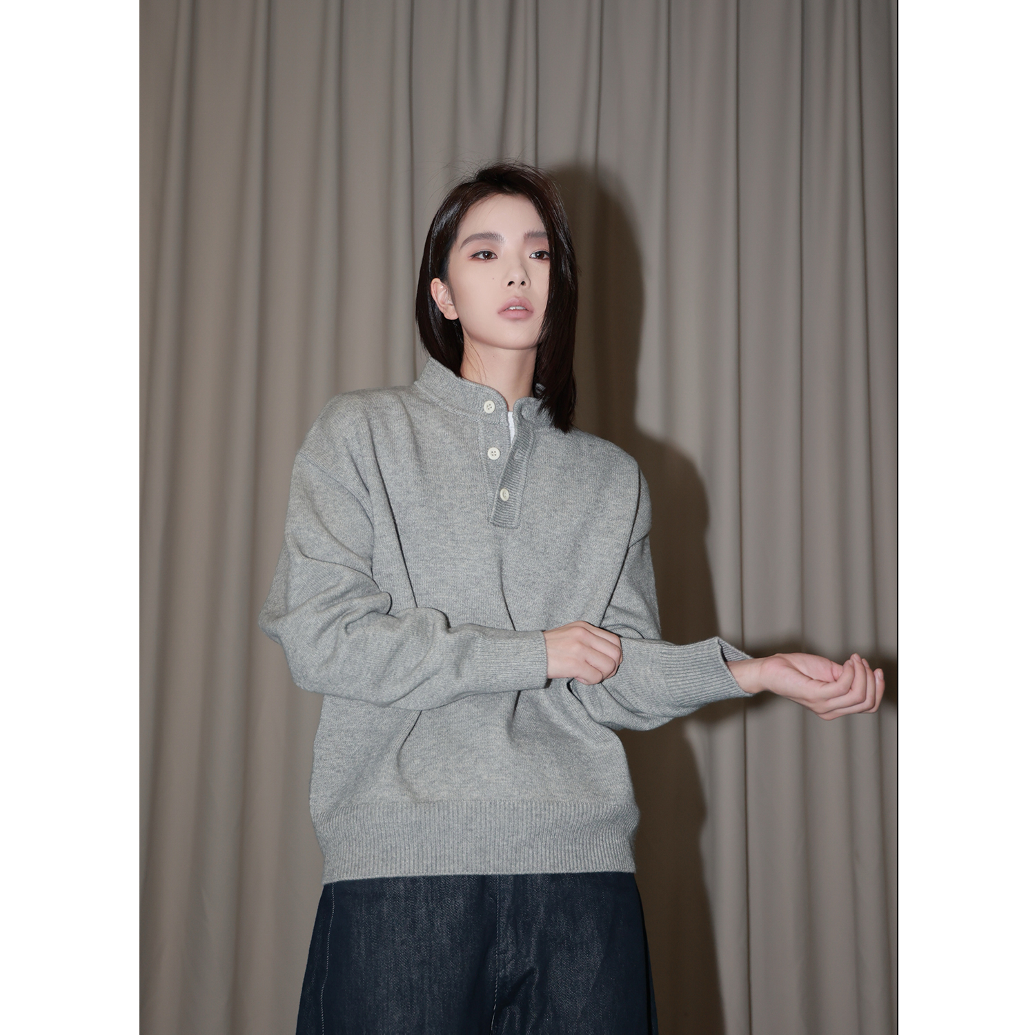 美式复古cleanfit亨利领纯色毛衣宽松百搭休闲高级感长袖针织衫