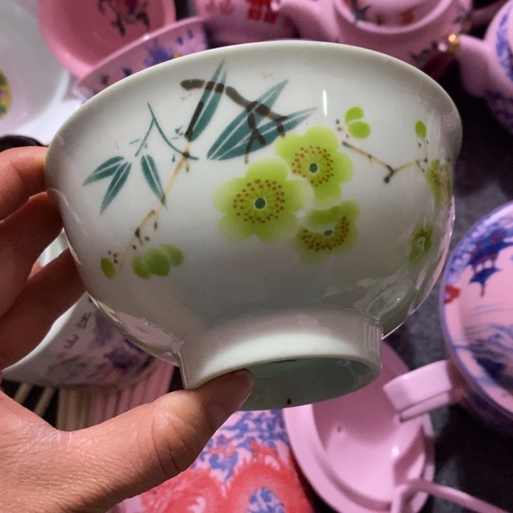 摆件陶5寸绿稀土翠竹绿梅碗