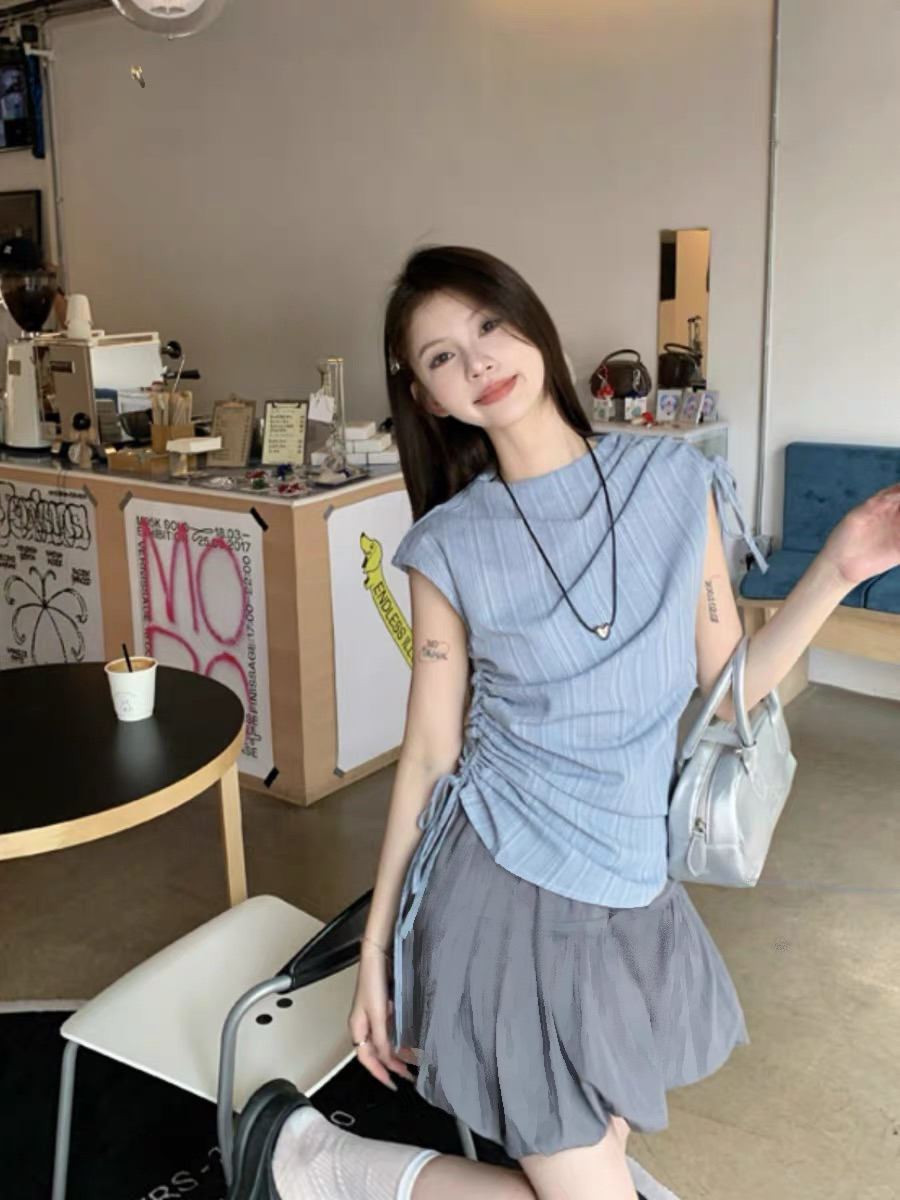 【韩系学姐】学院风套装女夏季新款修身显瘦不规则条纹短袖上衣