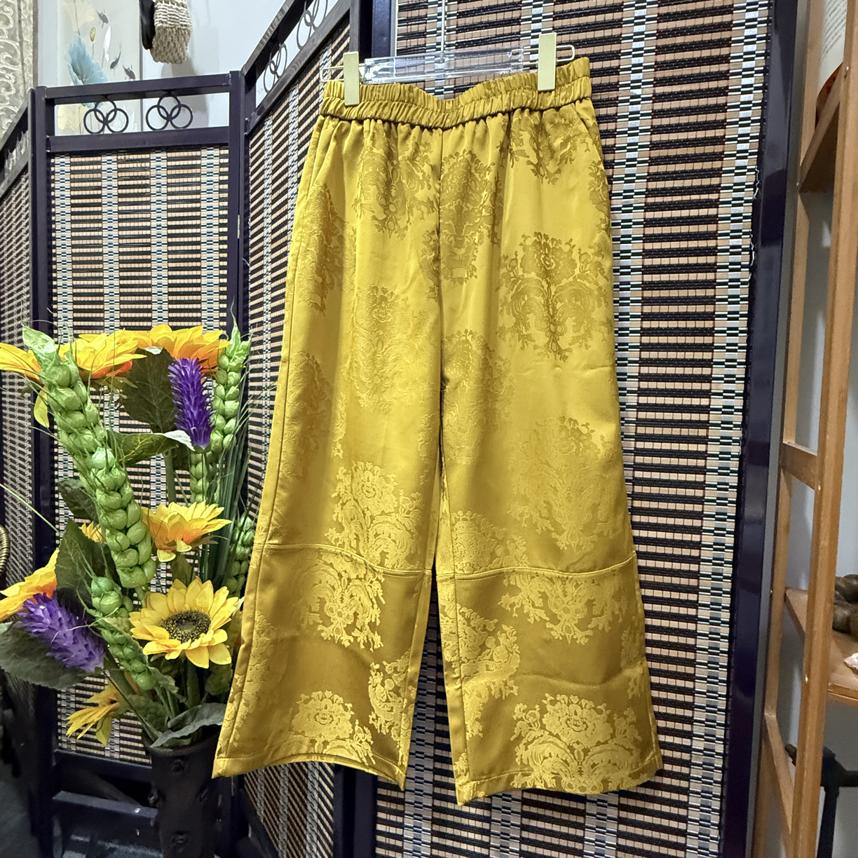 新款缎面开剪复合暗花百搭裤子复古休闲宽松阔腿松紧带女裤