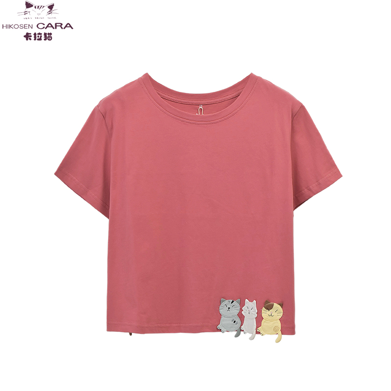 HIKOSEN CARA卡拉猫日系短袖T恤三只猫贴布ins风圆领简约T恤上衣