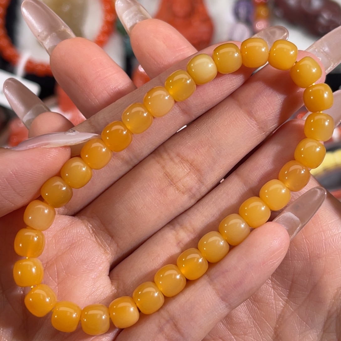 石英质玉（黄龙玉）未镶嵌缅黄老型手串 6.7mm 不换退