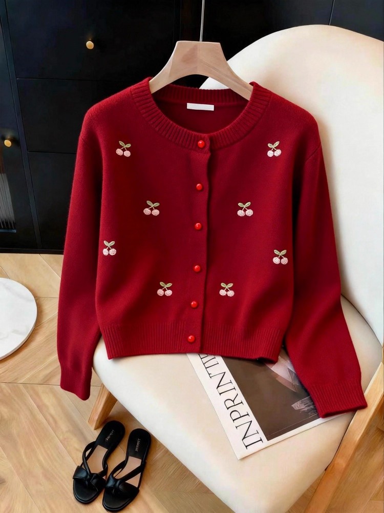 2025秋冬新款复古樱桃刺绣红色针织开衫女百搭气质显瘦单排扣外套