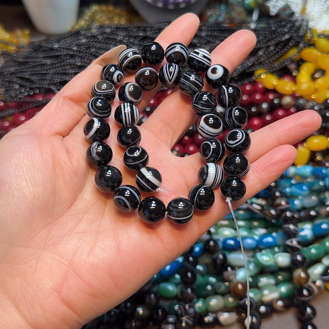 玛瑙/玉髓合金珠宝半成品12mm黑玛瑙板眼一条