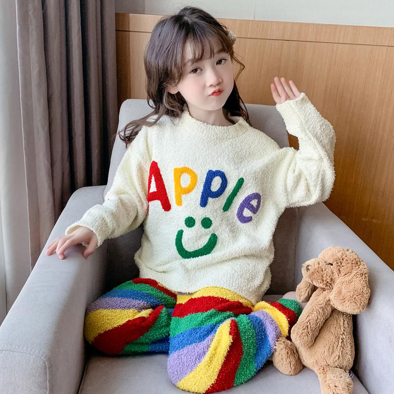 半边绒毛衣童装居家服套装睡衣保暖加厚儿童彩虹宝宝两件套套头棉