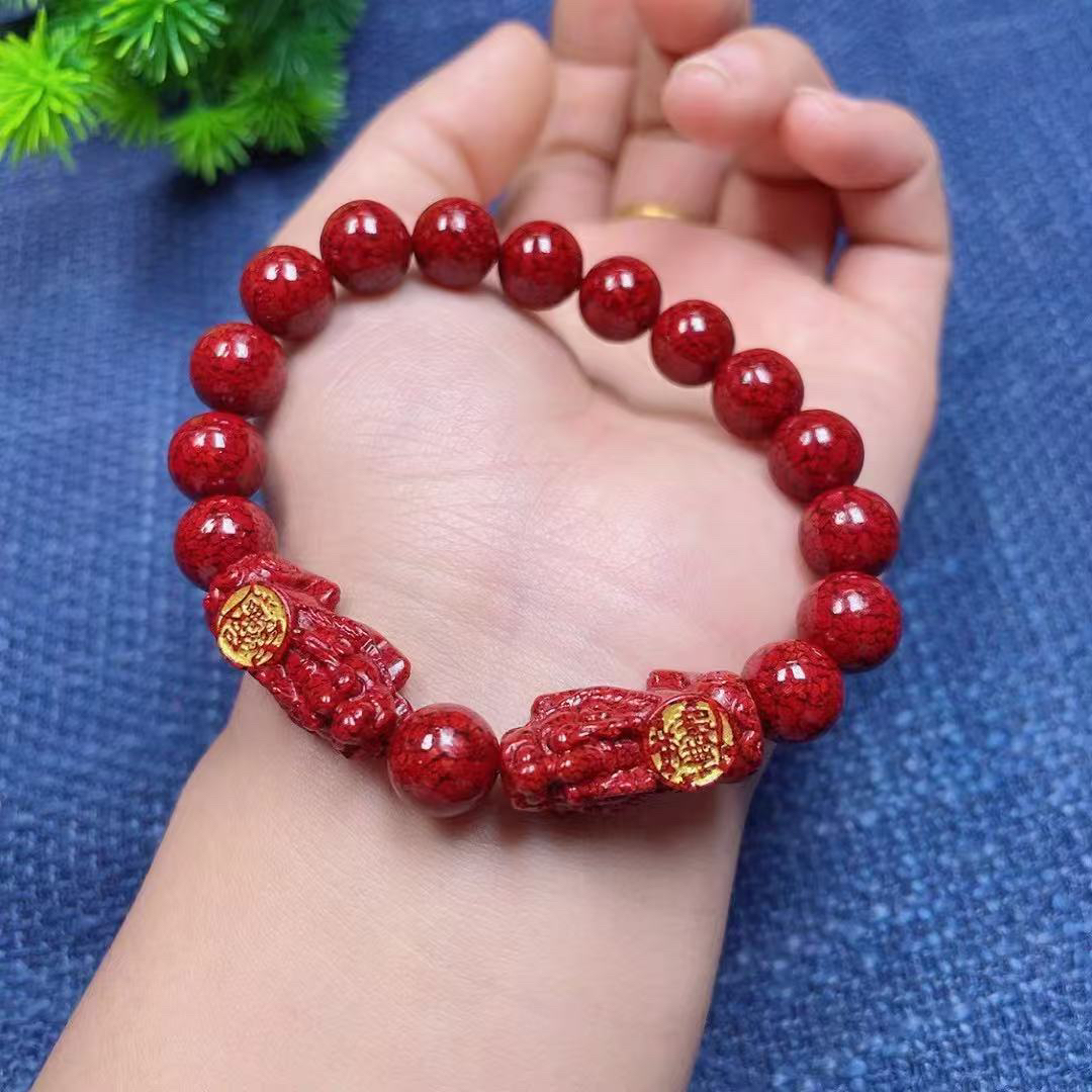 含辰砂工艺品《哪吒专属》朱砂晶体砂双貔貅手链