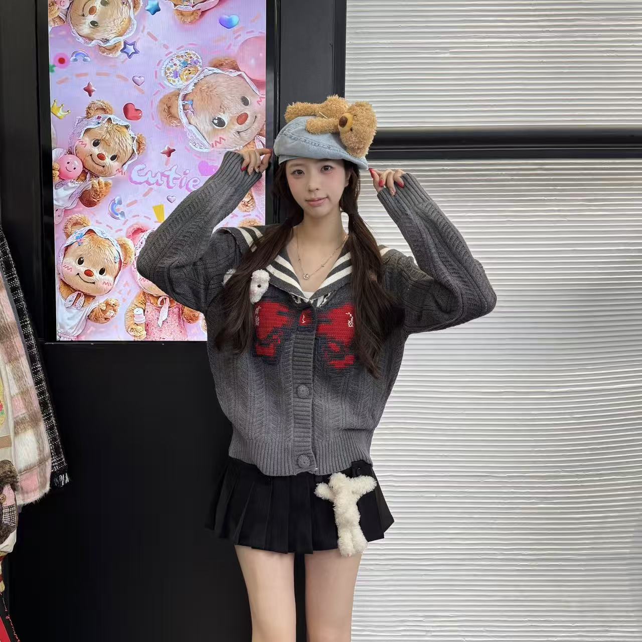 【温婉可人】秋冬新款时尚百搭海军领蝴蝶结印花慵懒风开衫女【250】