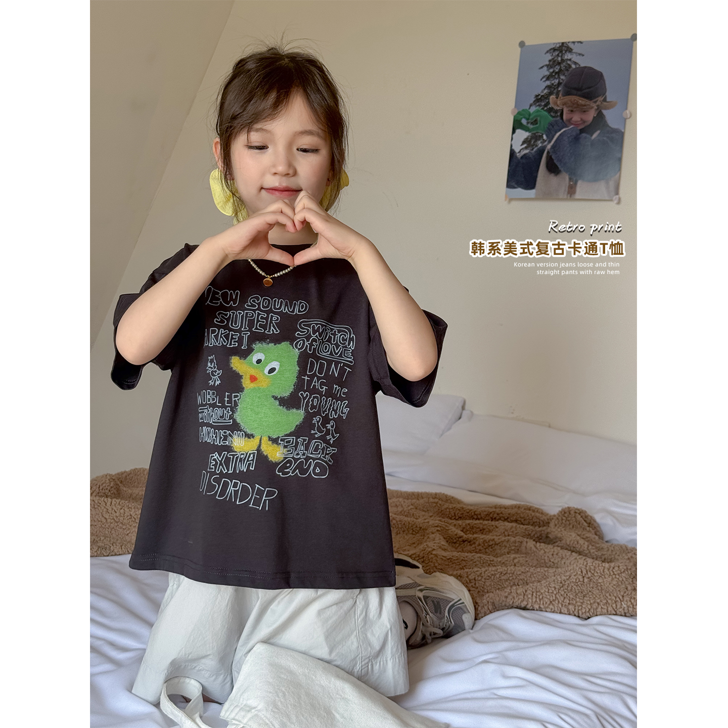 咸蛋小虾米童装2025年夏装新款韩国女童卡通小鸭短袖T恤         