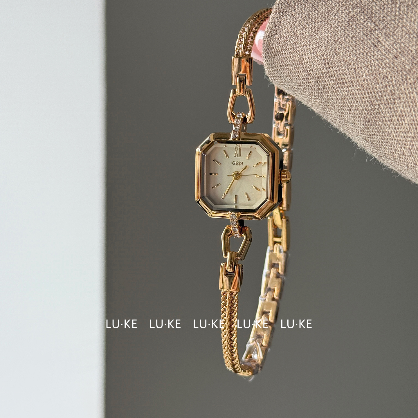 LUKE路可 金色多边形镶钻小表盘手链女款小众复古风石英手表女345