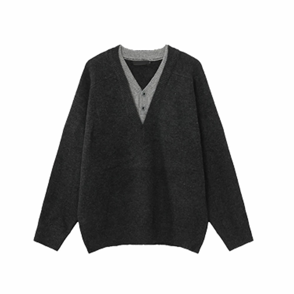「老钱新贵 混纺纱线」深V领假两件毛衣男 秋冬高级感针织衫