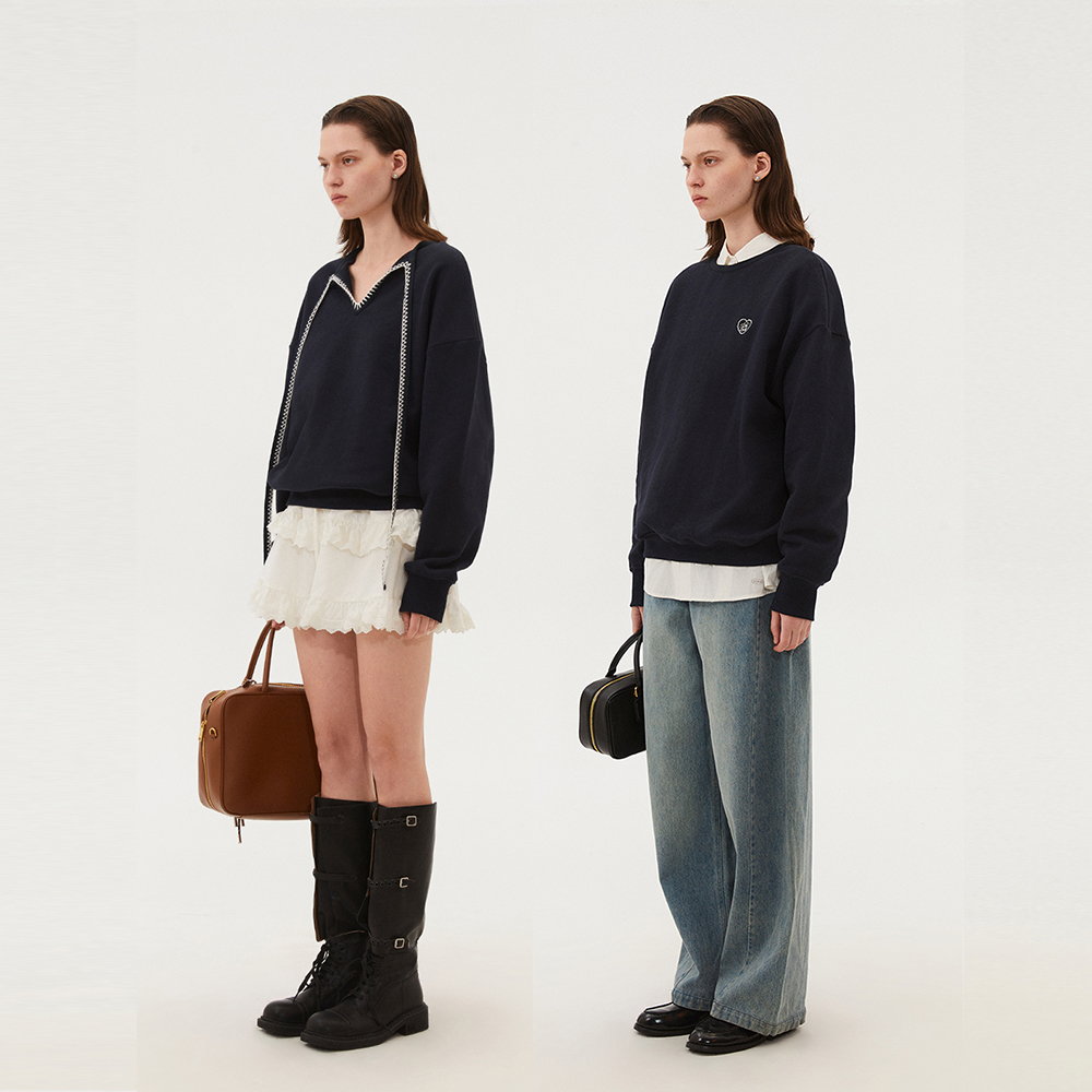 INRM 复古撞色设计感V领前后两穿一字贝卫衣女重磅春秋刺绣上衣