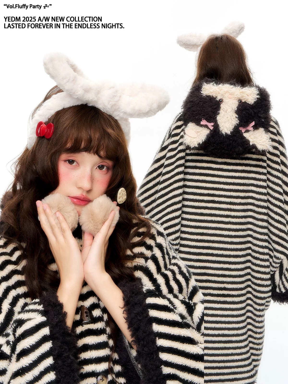 珊瑚绒奶牛猫黑白条纹加厚睡衣可外穿家居服两件套