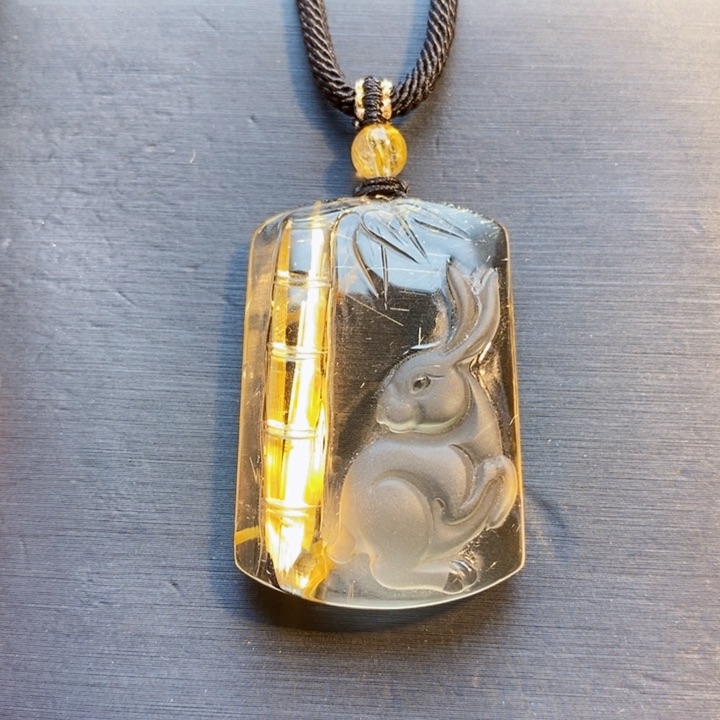 颈饰未镶嵌发晶金***师天然钛晶竹节生肖兔无事牌