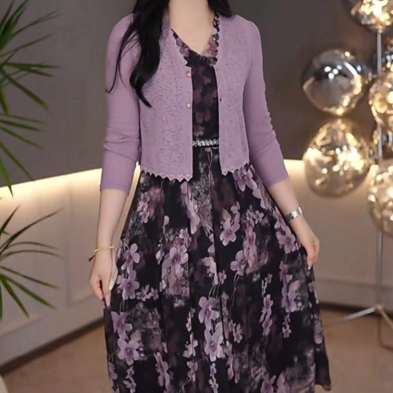 高档乔琪丝2025新款爆款温柔女人味十足紫色背心裙子＋外披两件套