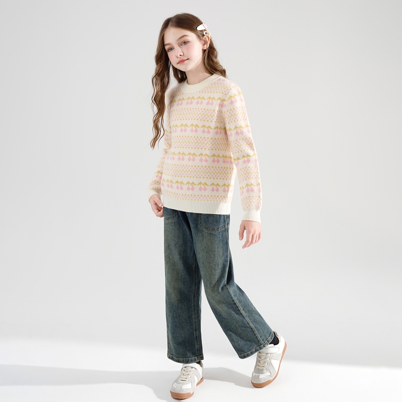 纯羊毛女大童厚款高领森系提花休闲毛衣针织衫套头上衣打底条纹