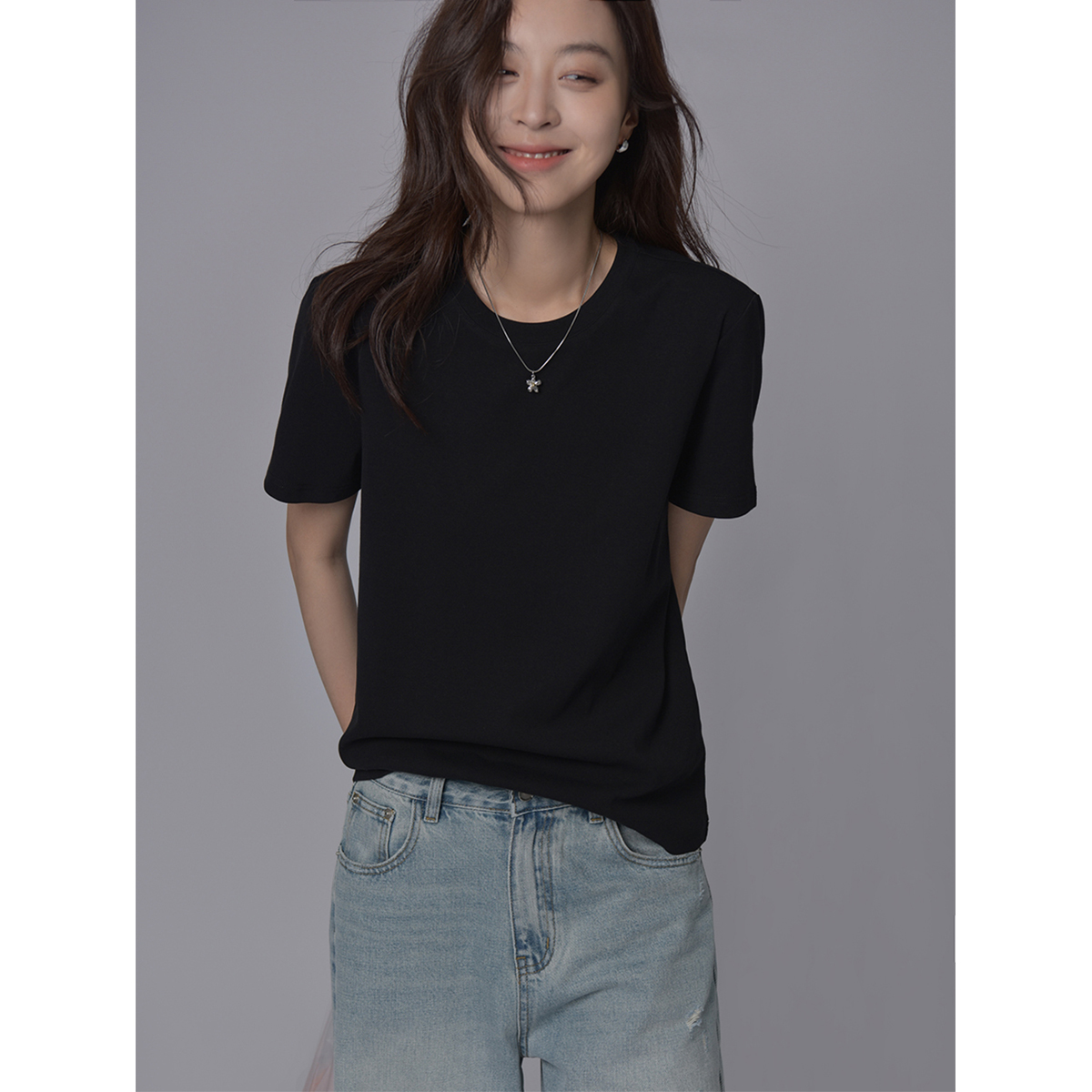 SIXI四喜家满分极简纯色正肩短袖T恤女夏弹力舒爽亲肤上衣t恤