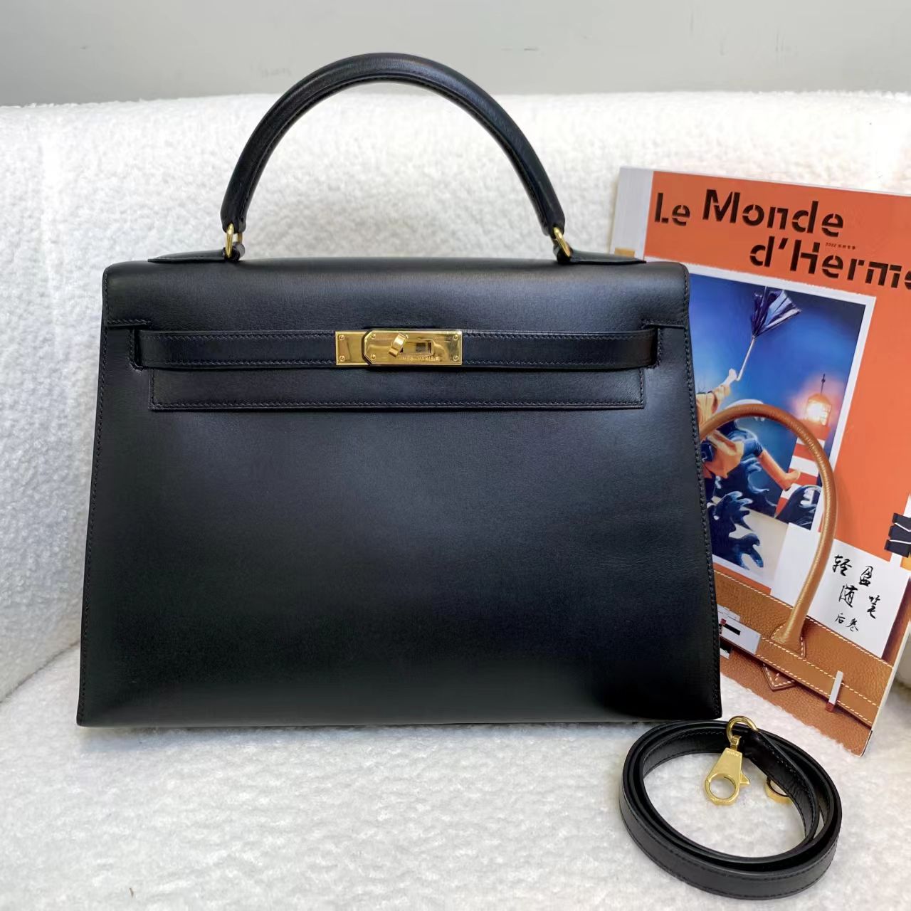 95新 Hermes/爱马仕 壹臻/黑金中古kelly32 圈z box包/81900328