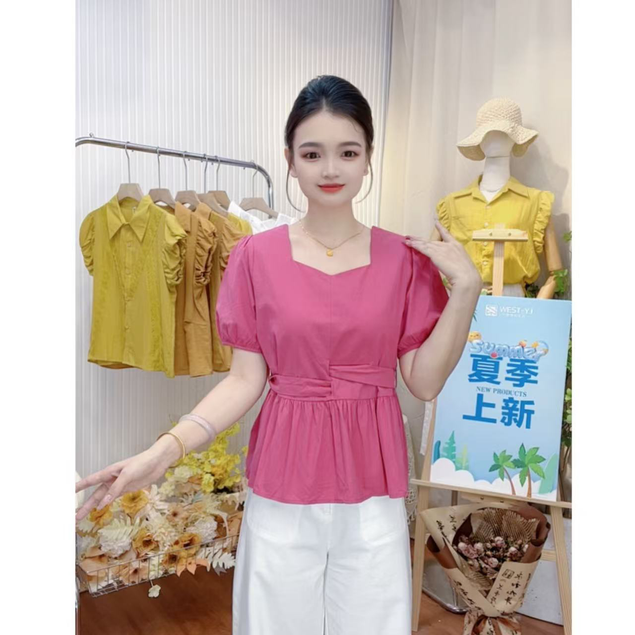 艾尚服饰·胖mm夏季新款法式设计感收腰系带短袖衬衫不规则小上衣