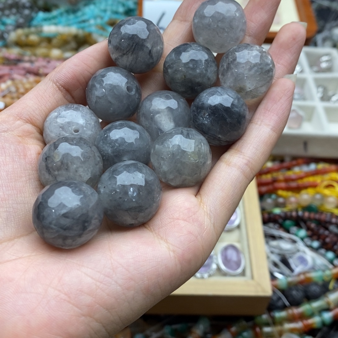 玛瑙/玉髓未镶嵌珠宝半成品一个天然灰水晶切面圆珠2.0mm