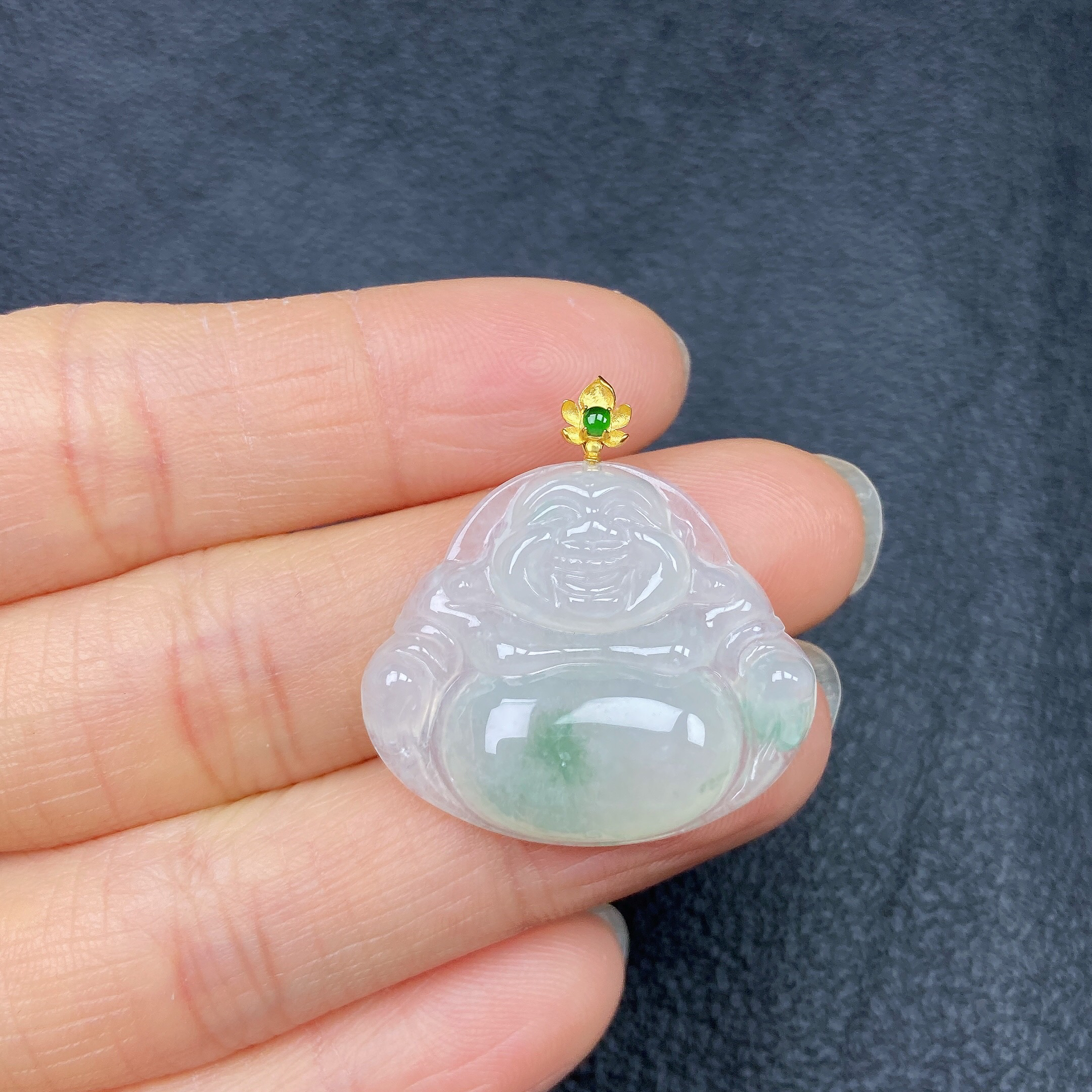 18k扣头冰润精美飘花佛公吊坠缅甸天然翡翠a货28.3×23.7×6.2mm