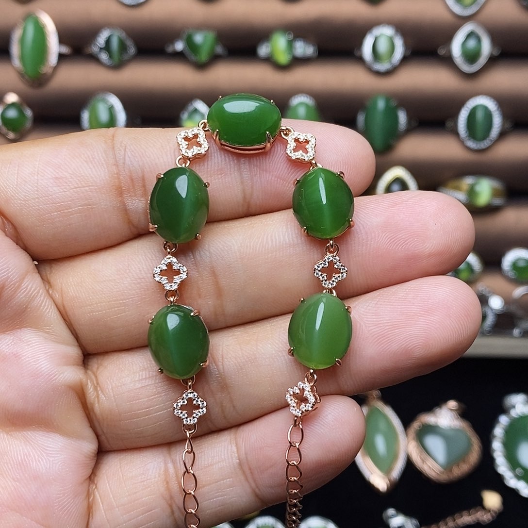 吊坠(不含链)银S925镶嵌和田玉（碧玉）手链