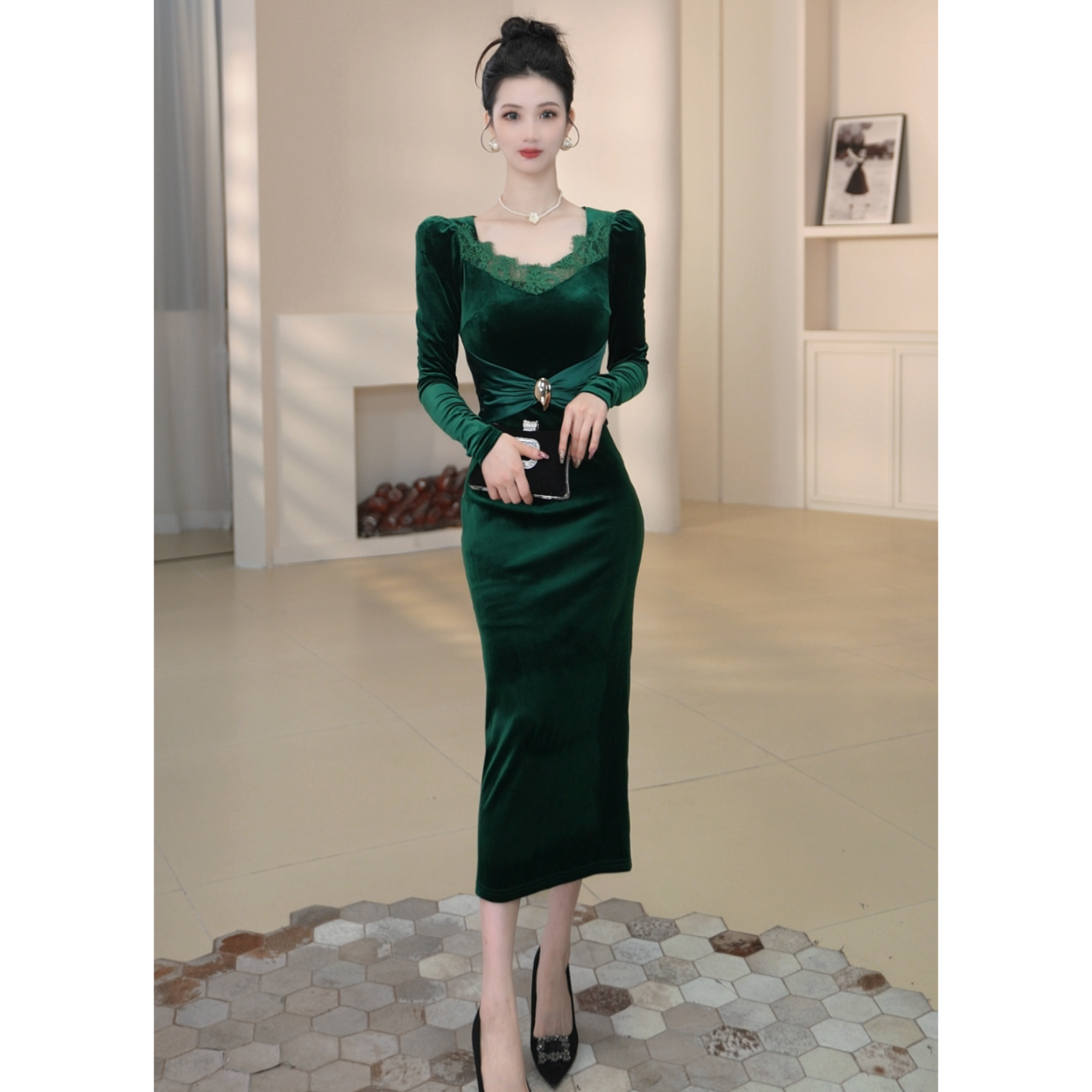 沐子的轻奢私藏【Mu/zi15623】法式气质高贵绿色显瘦宴会修身连衣裙