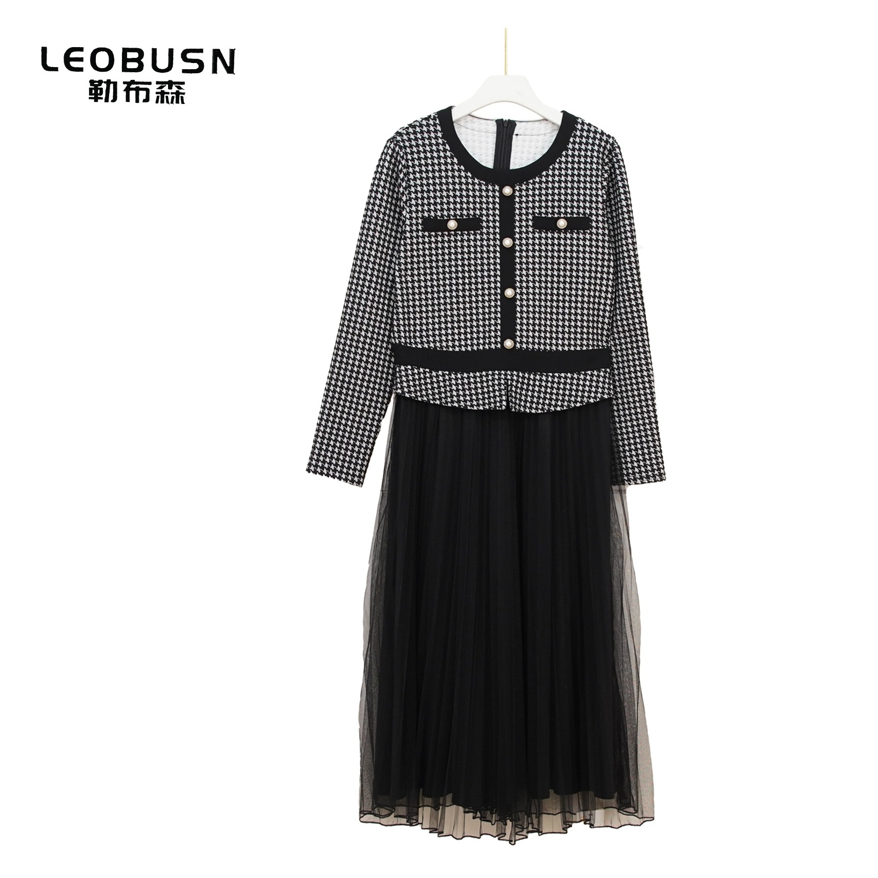 「LE布森」X22988时尚黑色圆领假两件小香风拼接网纱连衣裙