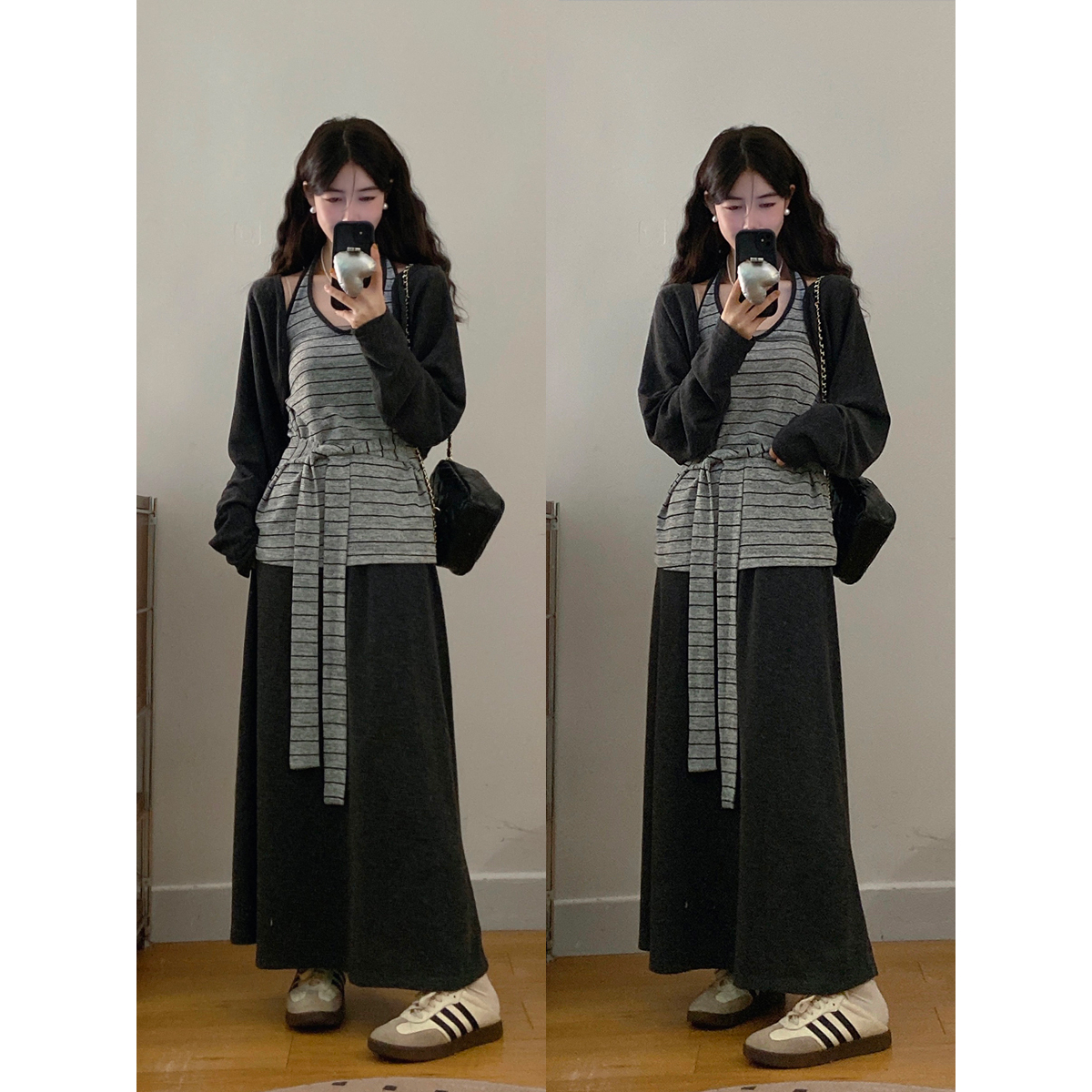 大码女装秋季慵懒风开衫条纹挂脖绑带背心+垂坠感A字裙套装