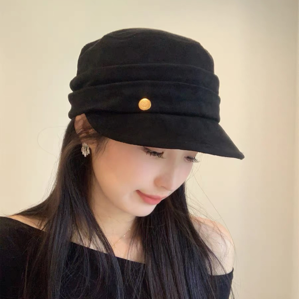 高品质~新款老钱风气质麂皮绒平顶贝雷帽女秋冬复古时尚马术帽潮